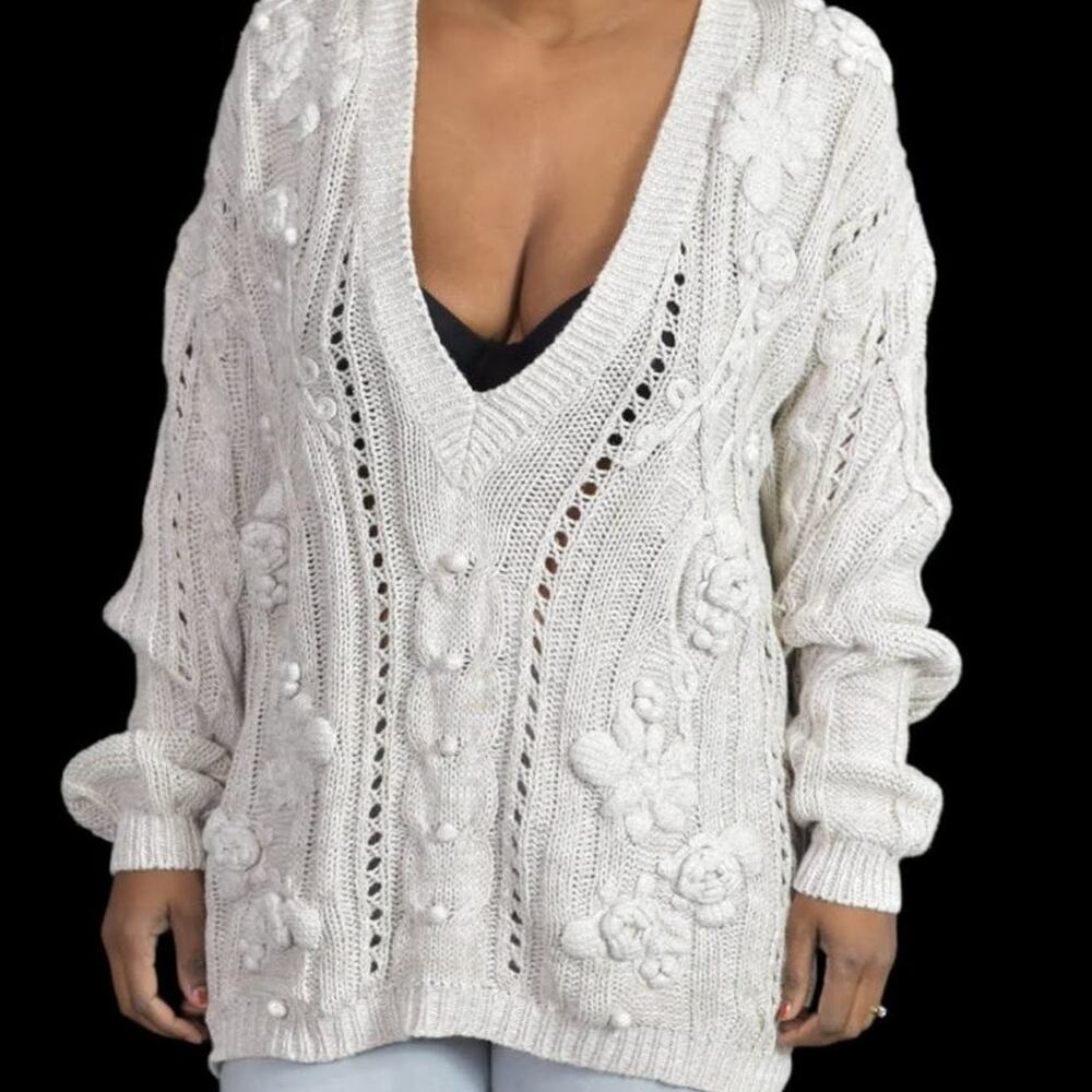Vintage Rebecca Stone Chunky Sweater White Cable Knit Cream 90s Fisherman Medium